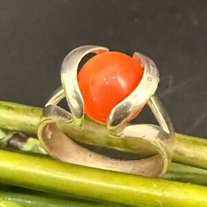 Vintage 925 Sterling Silver Interchangeable Orange Cats Eye Gemstone Ring Size 8